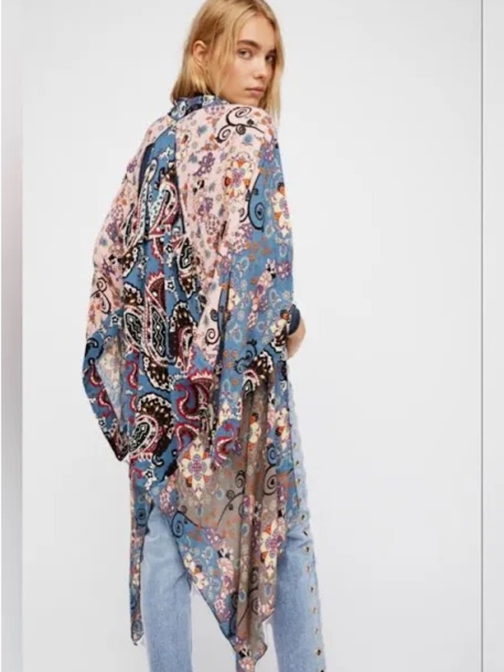 Free People Little Wing Boho Printed Mixed Paisley Shawl Kimono ONE SIZE